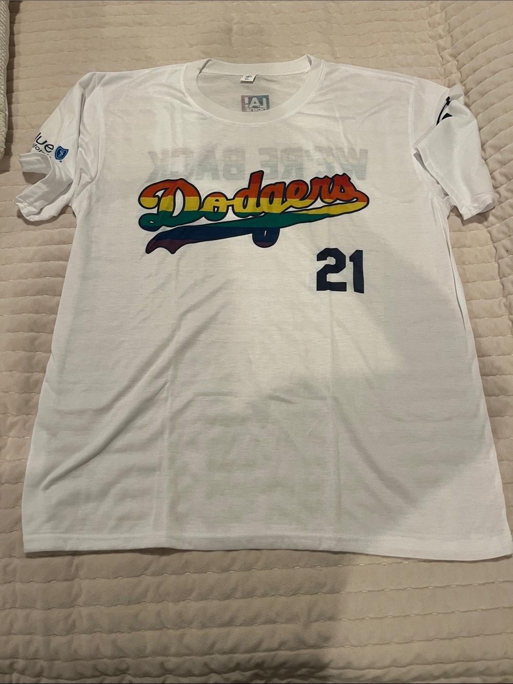 Dodgers Rainbow Script Short Sleeve T-Shirt - White